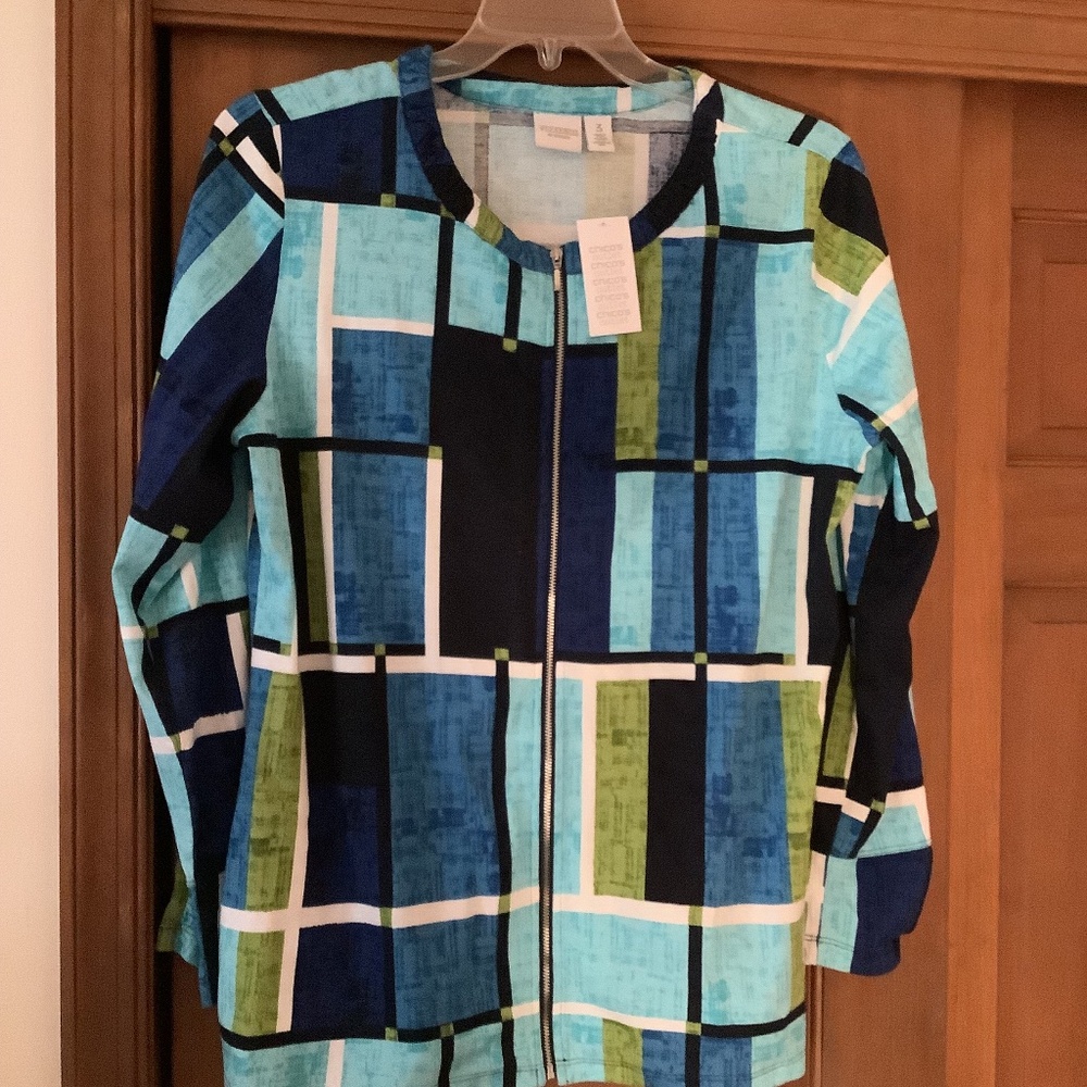 $28 🌹Chico’s Weekends Abstract Juliana Jacket Blue Green Cotton Zip Front Sz 3